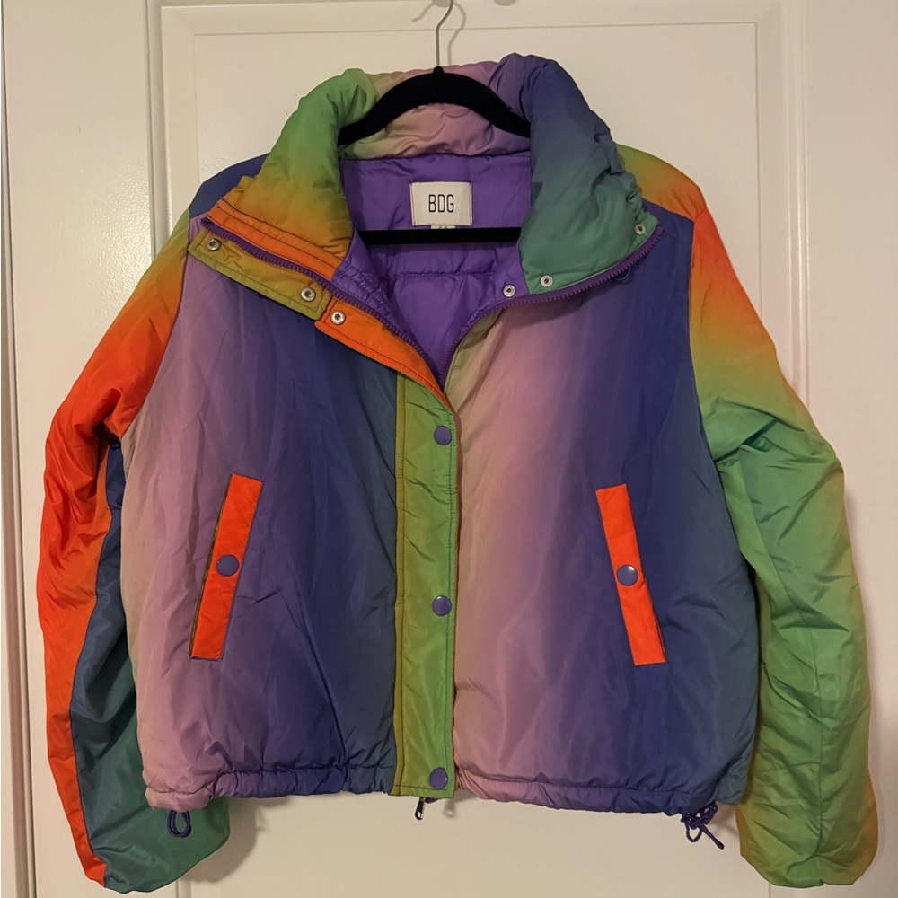 BDG Rainbow Ombre Puffer Jacket - Green, Purple, Orange